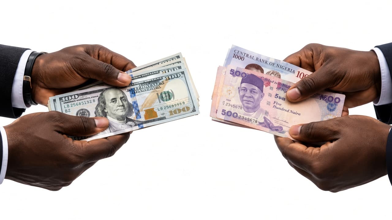 Hands exchanging US dollars and Nigerian naira